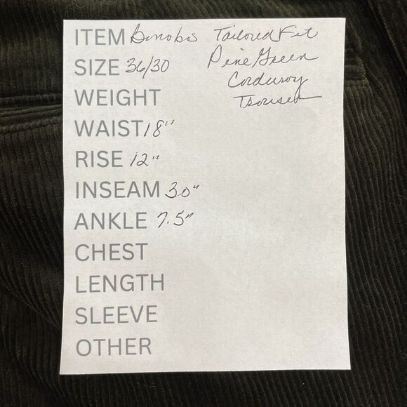 Bonobos Corduroy Trouser Size 36x30 Pine Green TAILORED FIT Flat Front Pockets - Picture 12 of 12